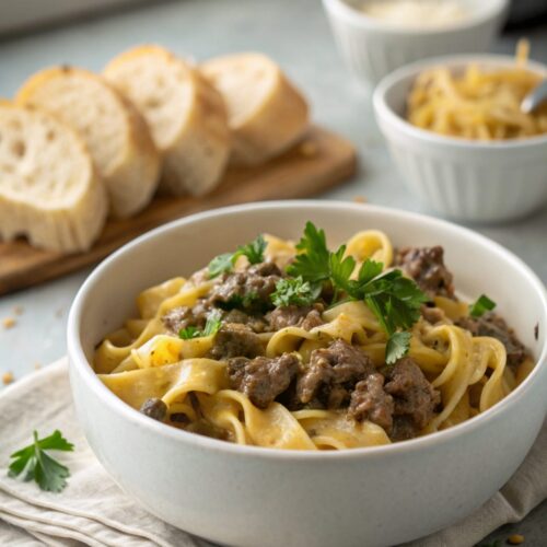 Delicious ground beef stroganoff served in a bowl with garnish.