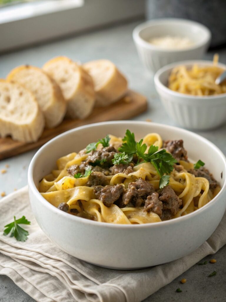 Delicious ground beef stroganoff served in a bowl with garnish.