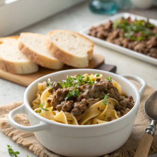 Delicious Ground Beef Stroganoff Recipe served with fresh parsley garnish.
