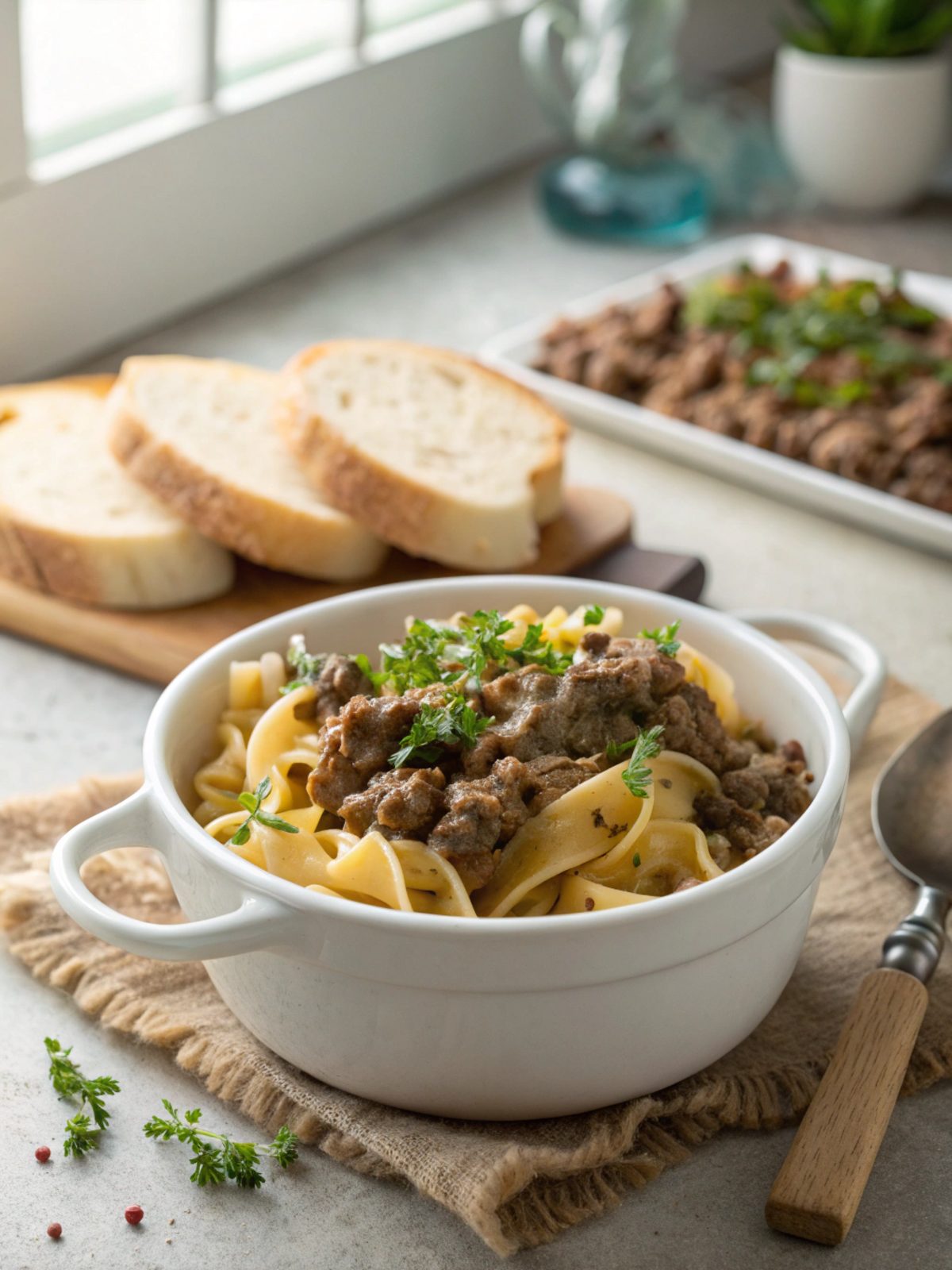 Delicious Ground Beef Stroganoff Recipe served with fresh parsley garnish.