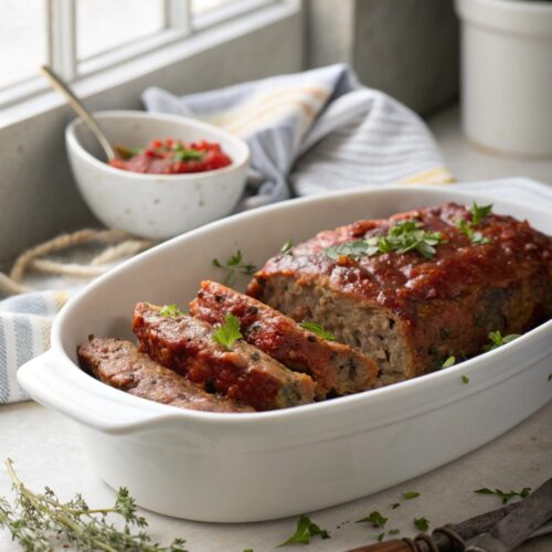 Full view of a finished all beef meatloaf recipe, beautifully presented.