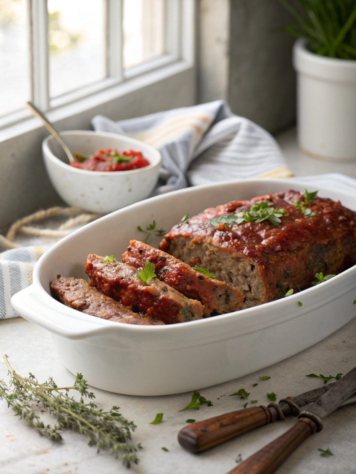Full view of a finished all beef meatloaf recipe, beautifully presented.