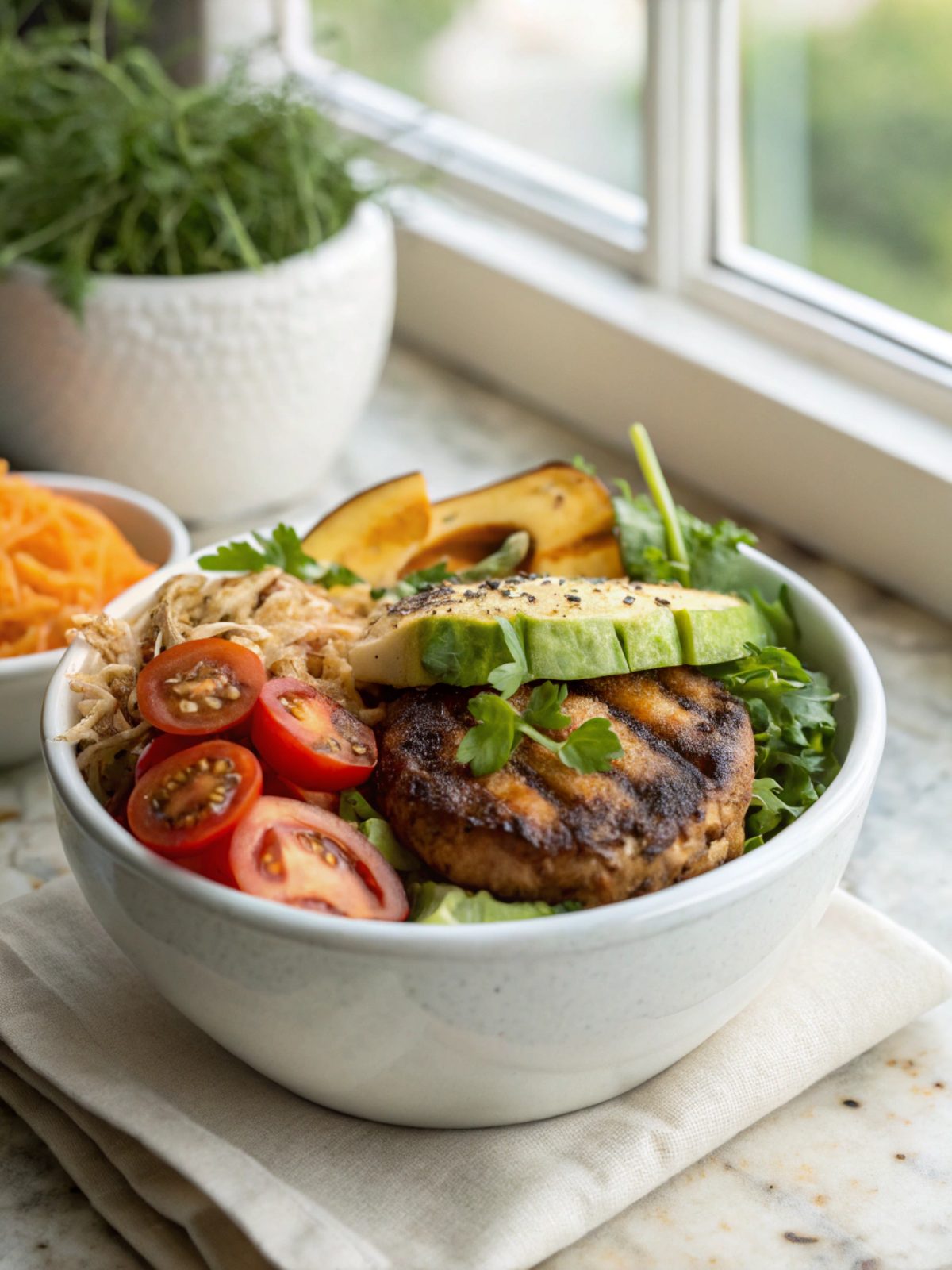 A close-up view of vibrant high protein cheeseburger bowls featuring beef, avocado, and cheese.
