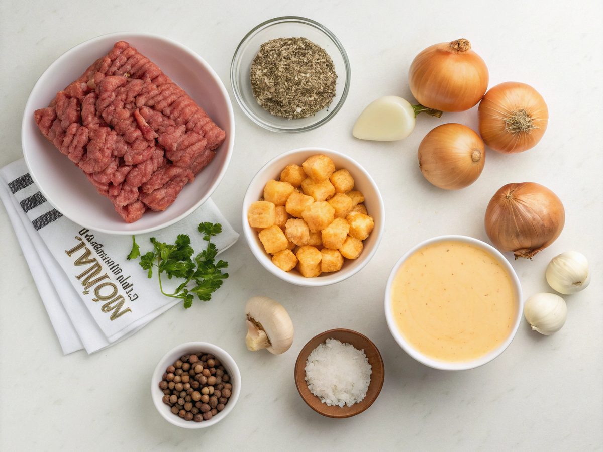 Ingredients for making a delicious hobo casserole, featuring ground beef, tater tots, and more.