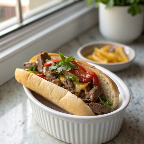 Delicious homemade cheesesteak served with melted cheese and caramelized veggies.