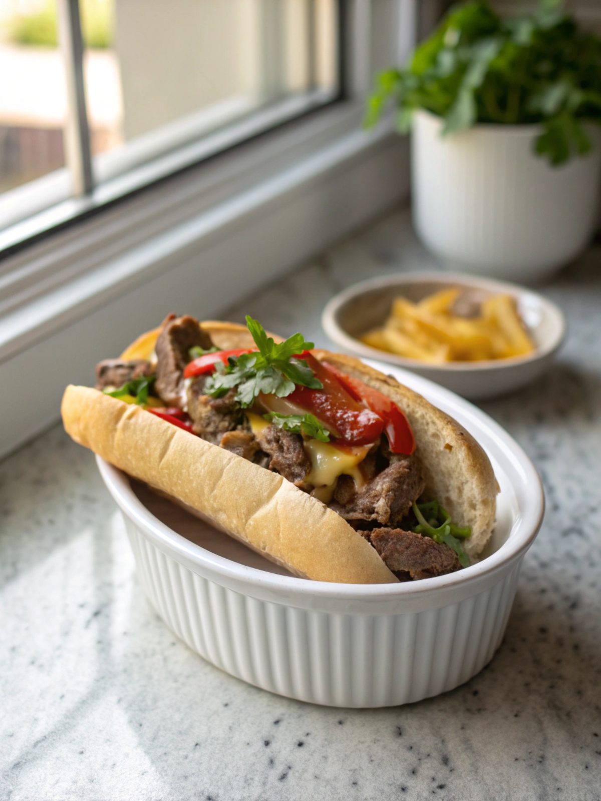 Delicious homemade cheesesteak served with melted cheese and caramelized veggies.