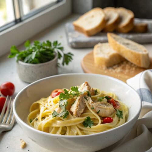Homemade chicken Alfredo served beautifully on a plate