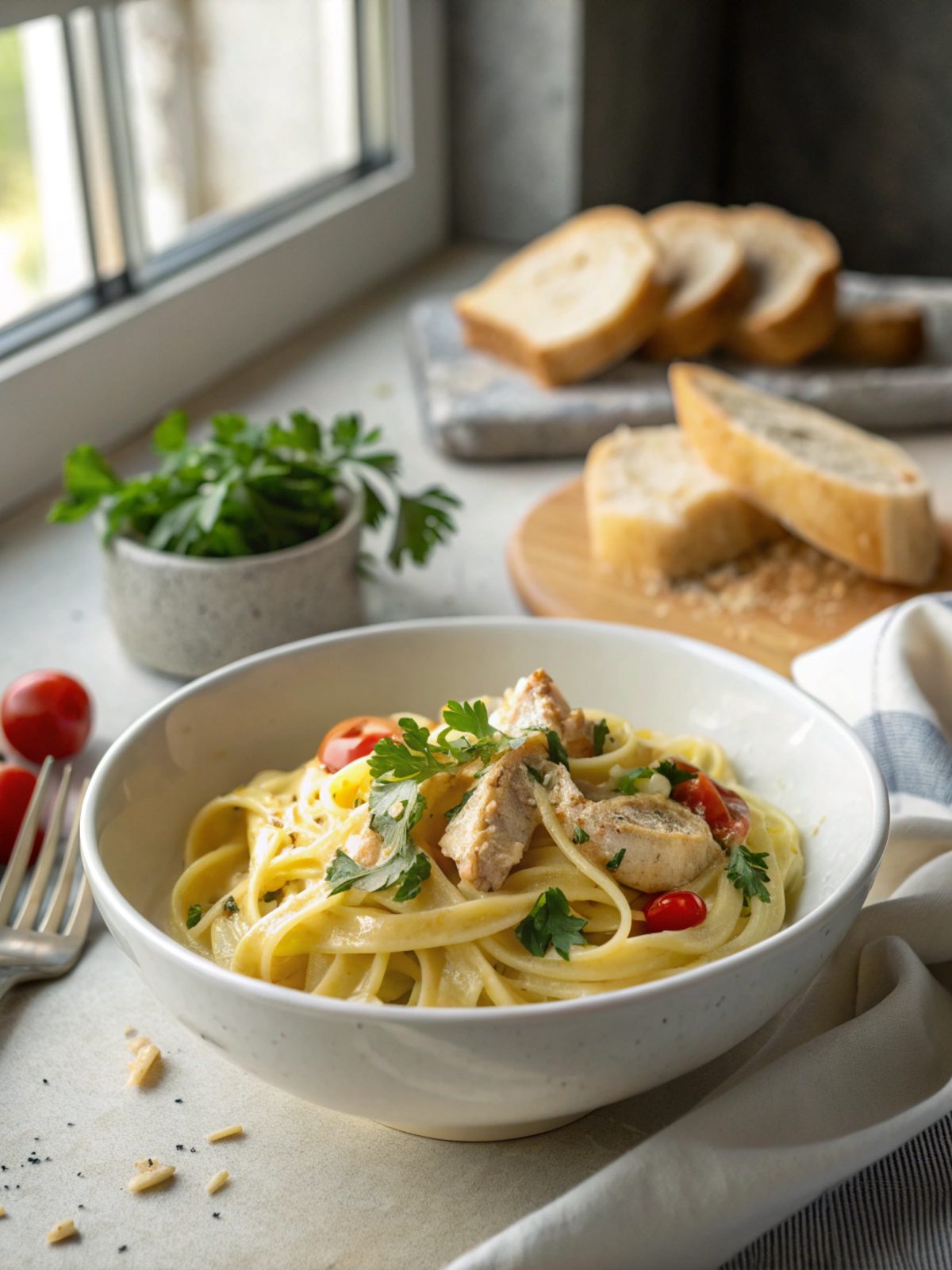Homemade chicken Alfredo served beautifully on a plate