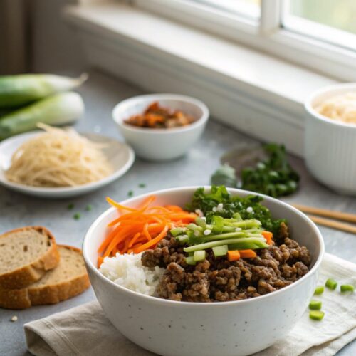 Featured image of Korean Ground Beef Bowl with greens and sesame seeds