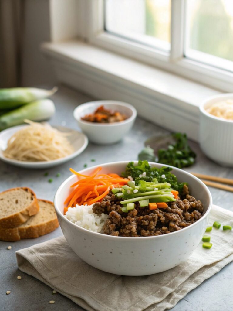 Featured image of Korean Ground Beef Bowl with greens and sesame seeds