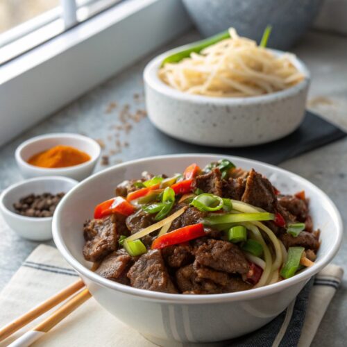 Deliciously plated Mongolian Beef Recipe, served beautifully.