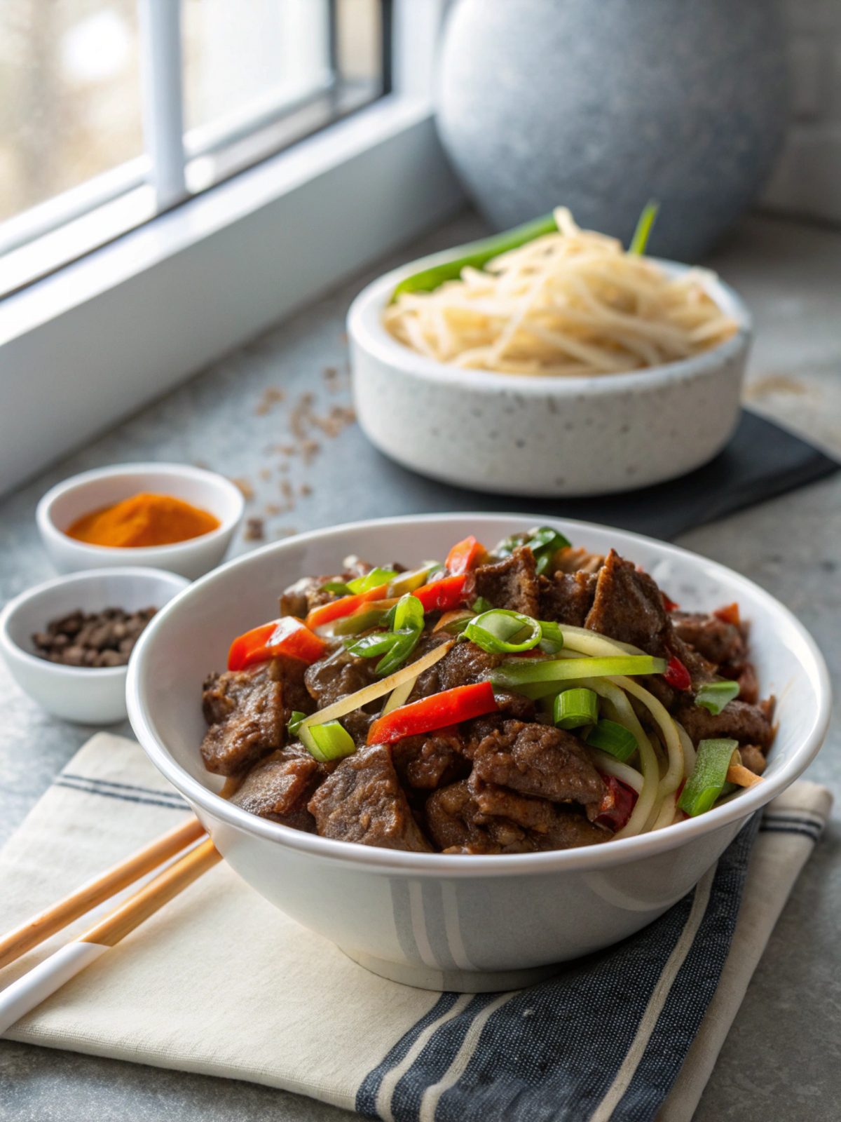Deliciously plated Mongolian Beef Recipe, served beautifully.