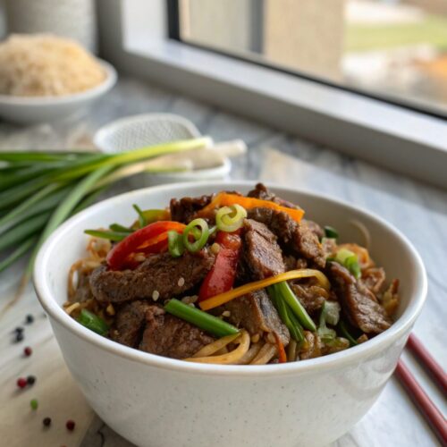 A mouthwatering Mongolian beef recipe showcased on a plate, garnished with sesame seeds and green onions.
