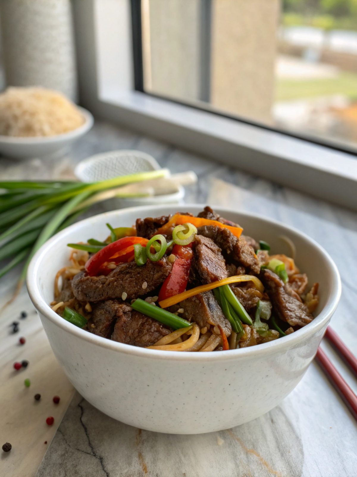 A mouthwatering Mongolian beef recipe showcased on a plate, garnished with sesame seeds and green onions.