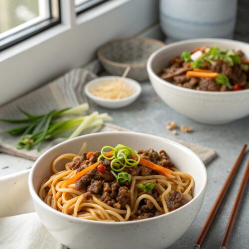 Plate of Mongolian Ground Beef Noodles with garnishes.