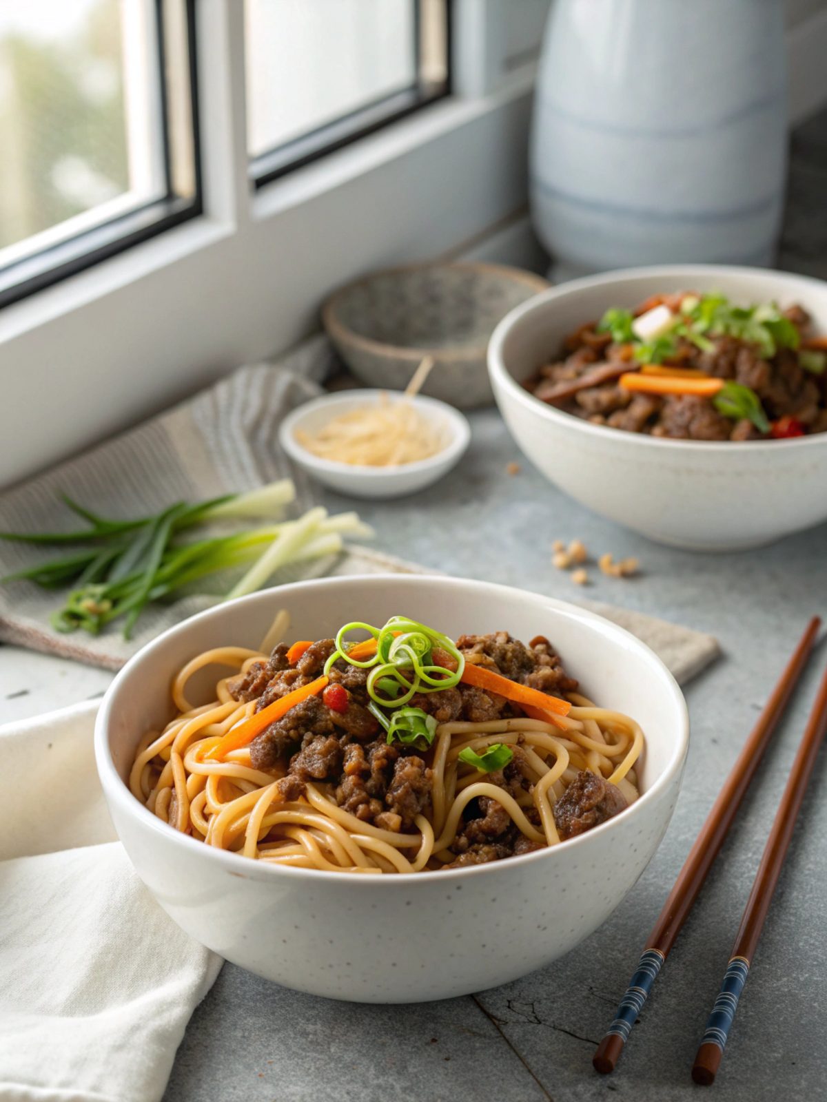 Plate of Mongolian Ground Beef Noodles with garnishes.