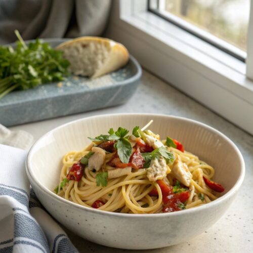 A plated dish of Monterey Chicken Spaghetti with garnish