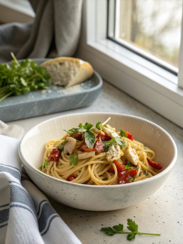 A plated dish of Monterey Chicken Spaghetti with garnish