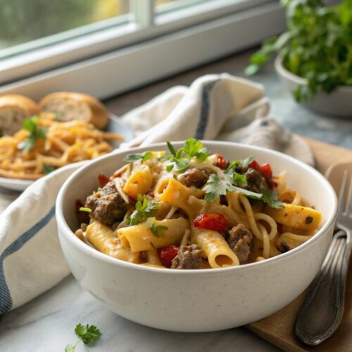 A steaming serving of cheesy beef skillet pasta topped with fresh parsley.