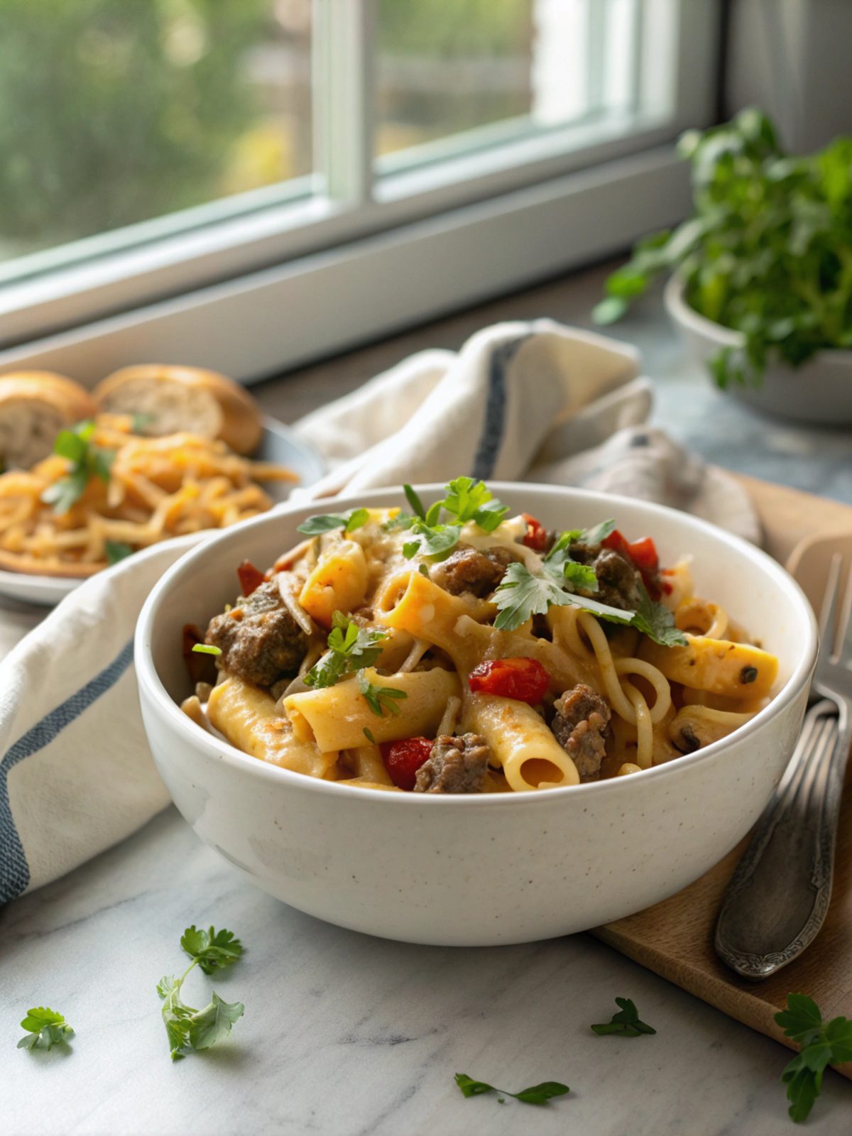 A steaming serving of cheesy beef skillet pasta topped with fresh parsley.
