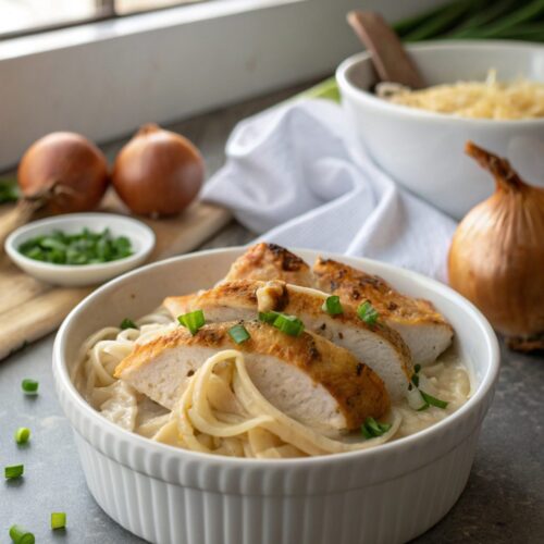 Delicious serving of sour cream onion chicken breast on a plate.