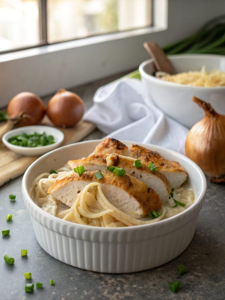 Delicious serving of sour cream onion chicken breast on a plate.