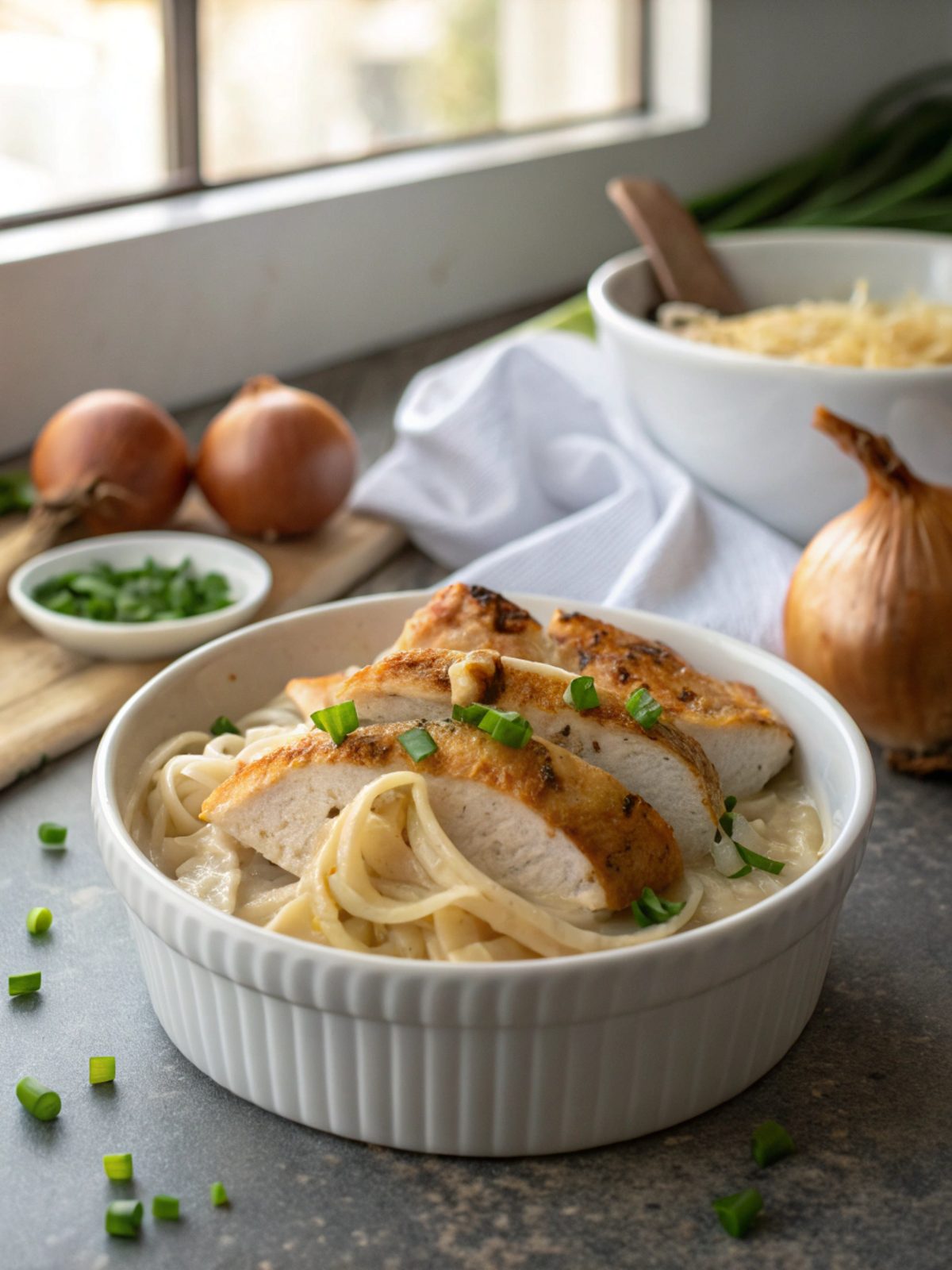 Delicious serving of sour cream onion chicken breast on a plate.