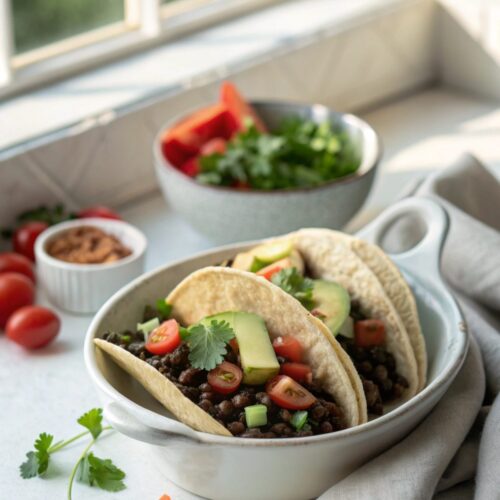 Featured image of beautifully arranged vegan black bean tacos on a plate.