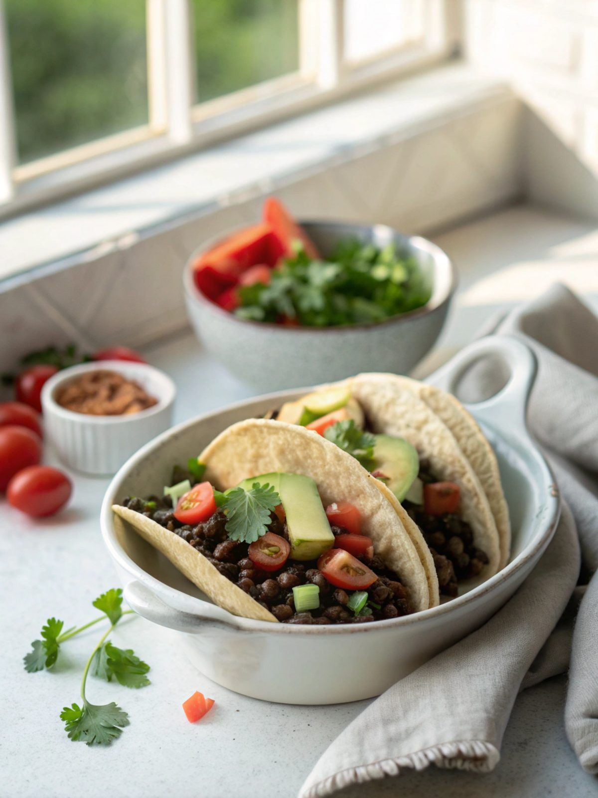 Featured image of beautifully arranged vegan black bean tacos on a plate.