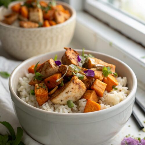 A beautifully arranged Chicken Sweet Potato Rice Bowl