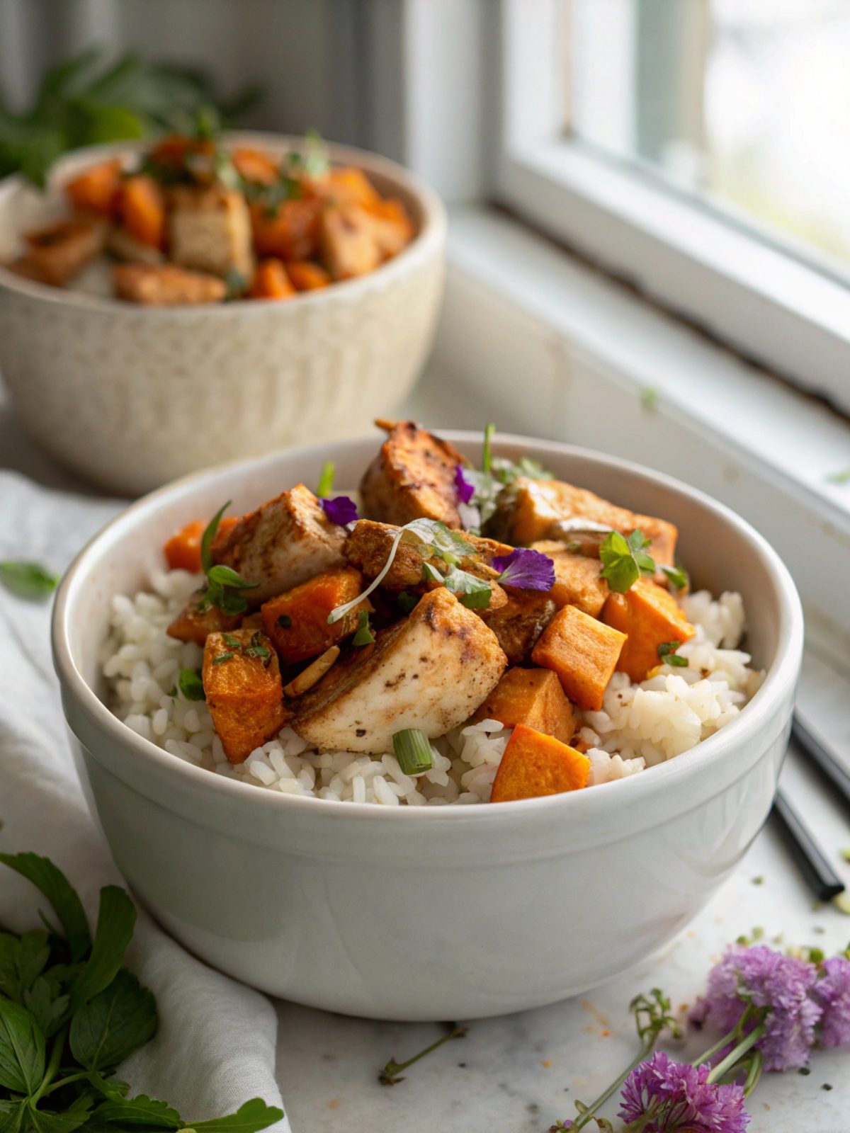 A beautifully arranged Chicken Sweet Potato Rice Bowl