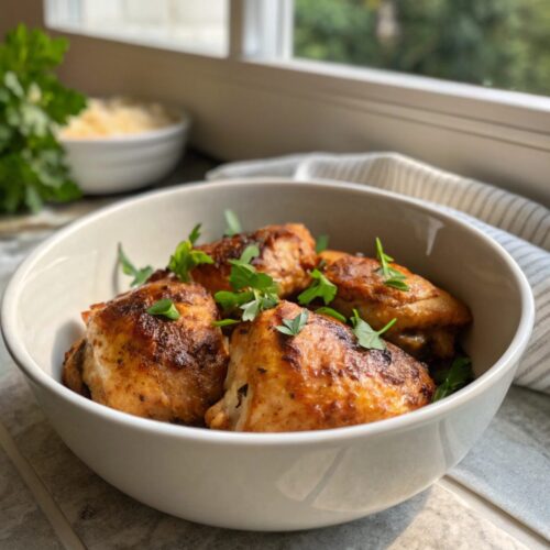 Delicious baked boneless skinless chicken thighs served hot