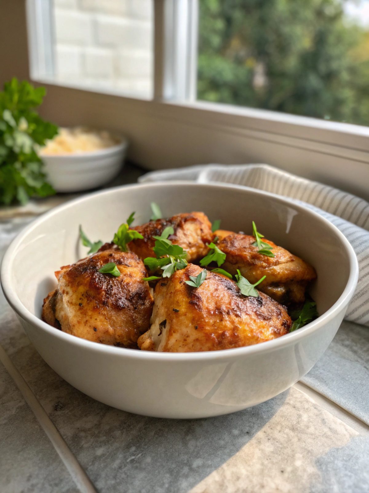 Delicious baked boneless skinless chicken thighs served hot