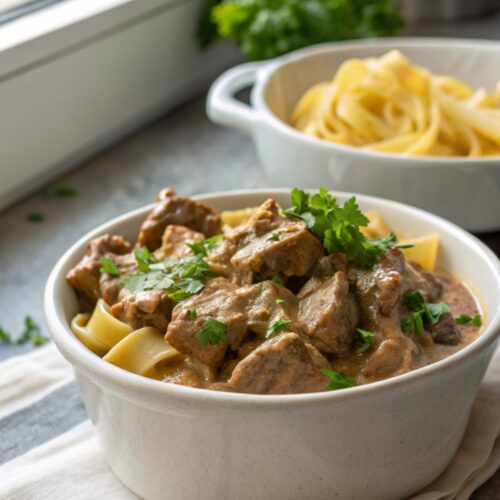 SEO-friendly alt text describing the featured image of creamy beef stroganoff recipe