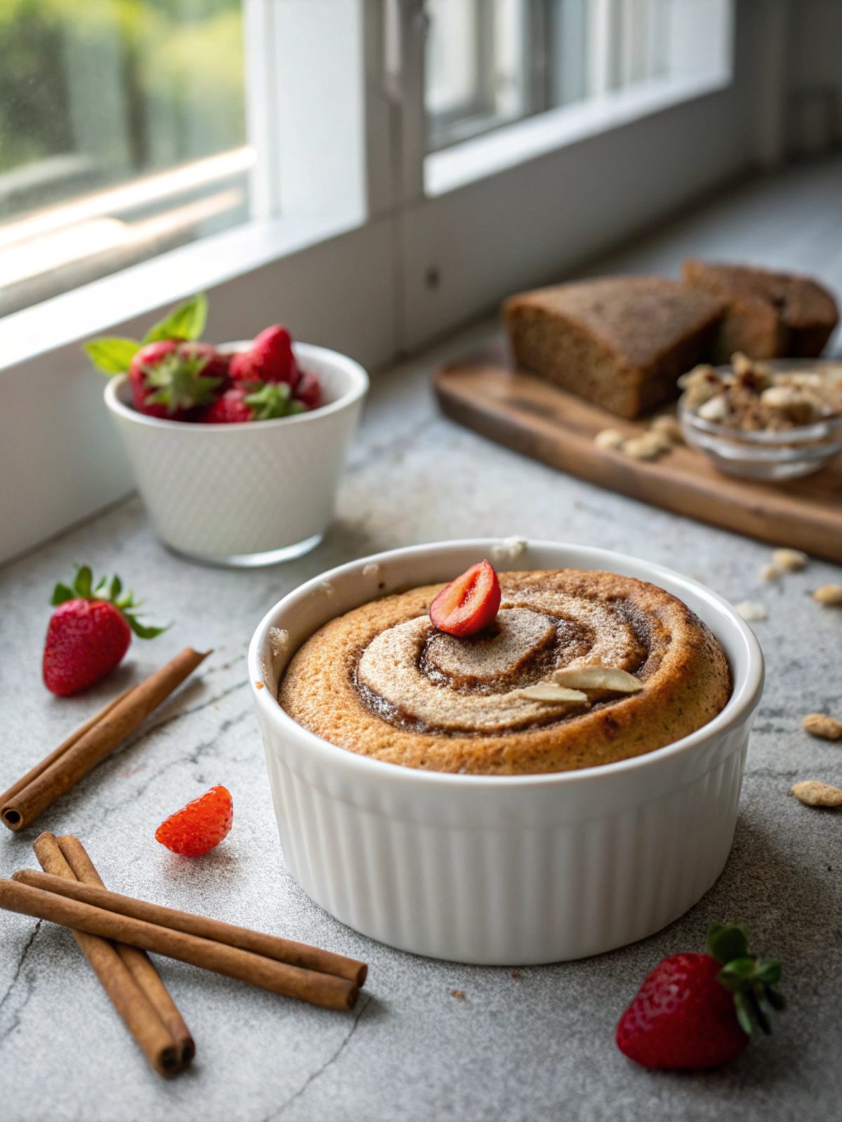Delicious Cinnamon Swirl Protein Cake, freshly baked and served.