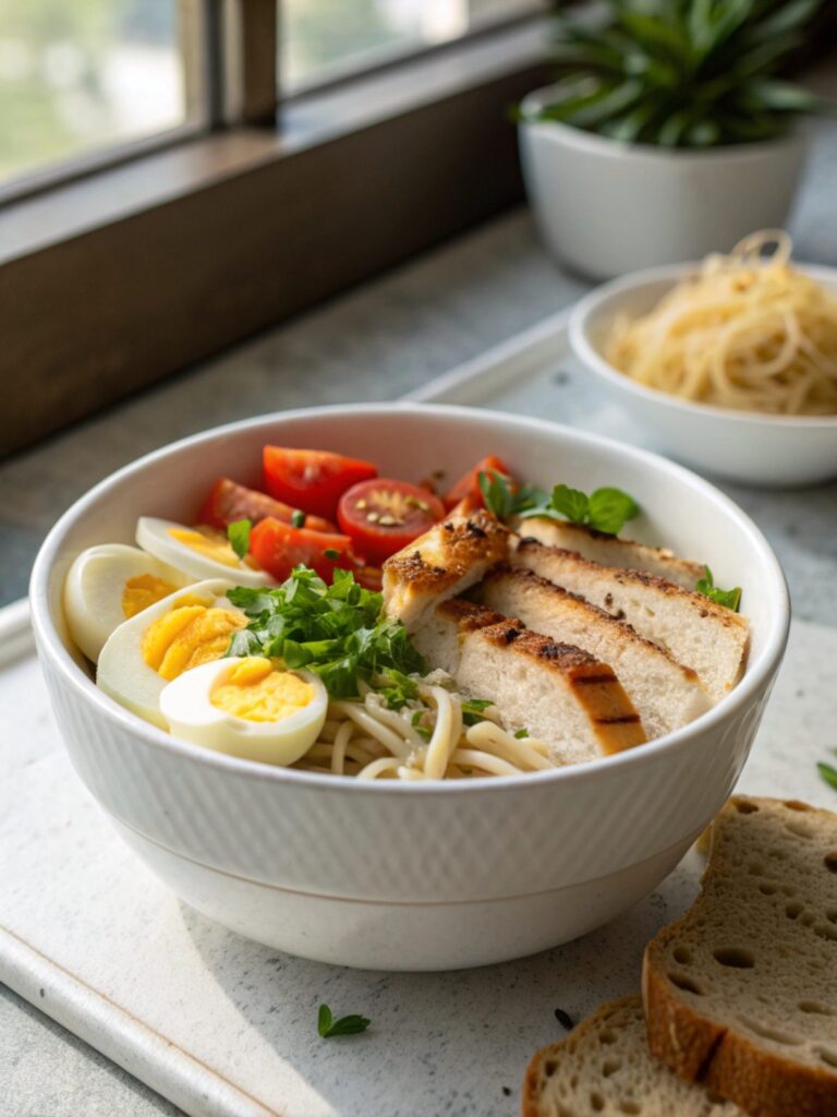 Deliciously plated high protein low carb meal ready to enjoy.