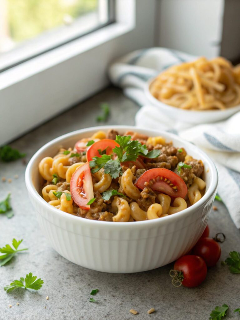 Plate of delicious homemade hamburger helper with a garnish of parsley
