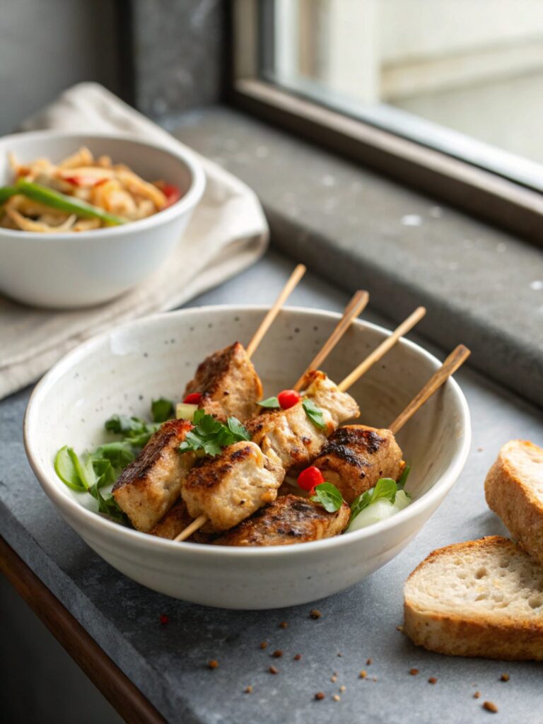 SEO-friendly featured image of Deliciously Zesty Bang Bang Chicken Skewers laid out elegantly