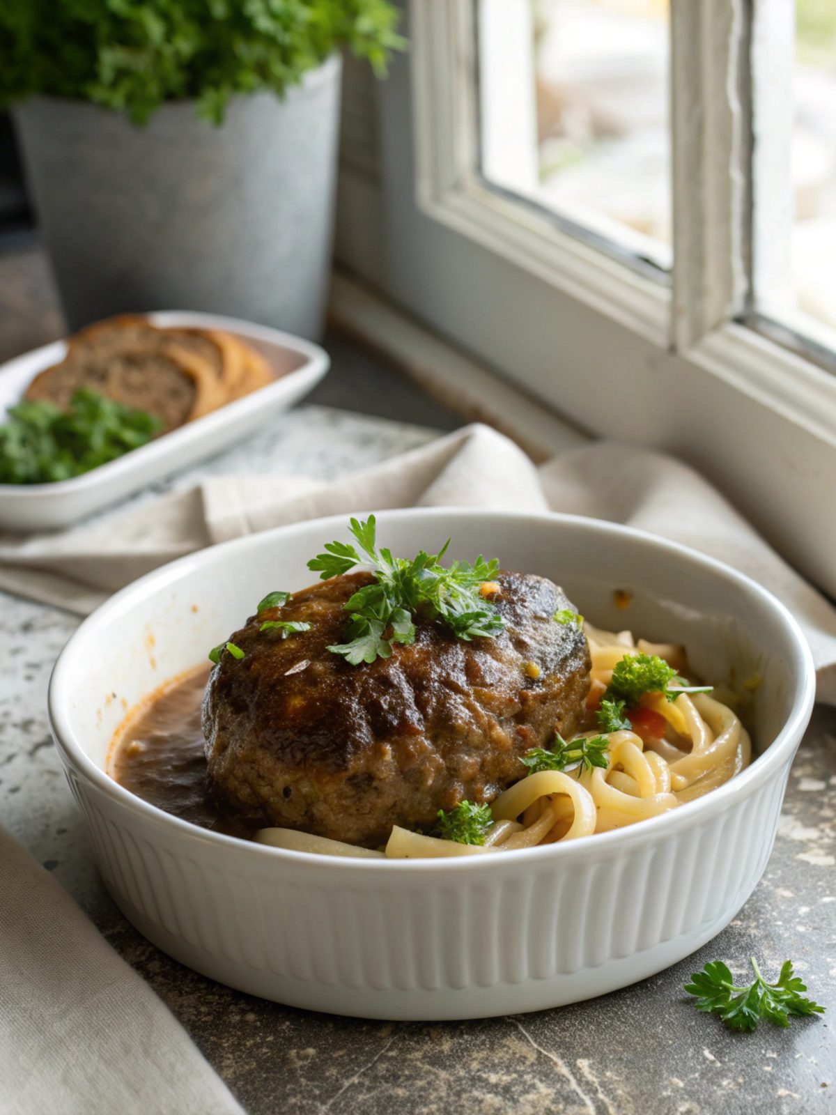Ready-to-serve Salisbury steak recipe with rich gravy.