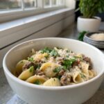 Creamy beef and shells recipe served in a bowl