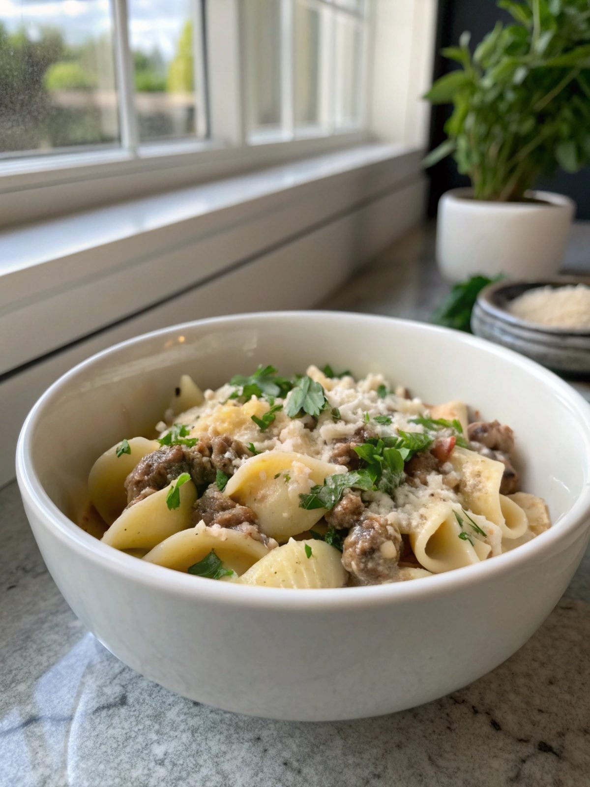 Creamy beef and shells recipe served in a bowl