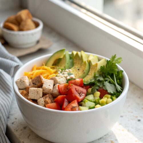 Featured image of a low carb burrito bowl, beautifully garnished and ready to serve.