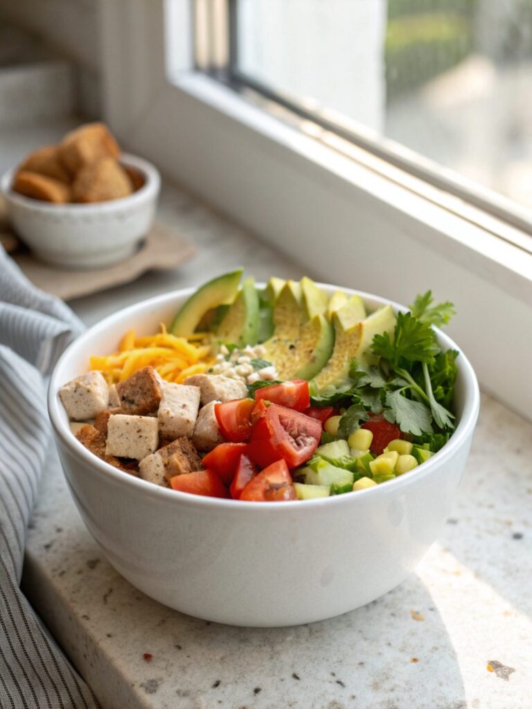 Featured image of a low carb burrito bowl, beautifully garnished and ready to serve.