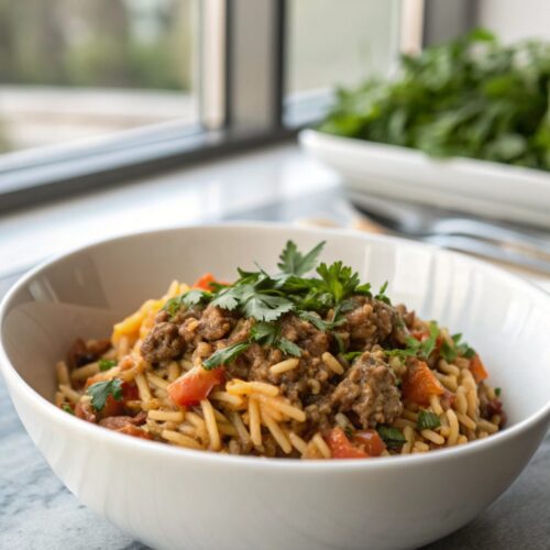 Close-up image of Delightful Ground Beef Orzo Recipe with fresh garnish.