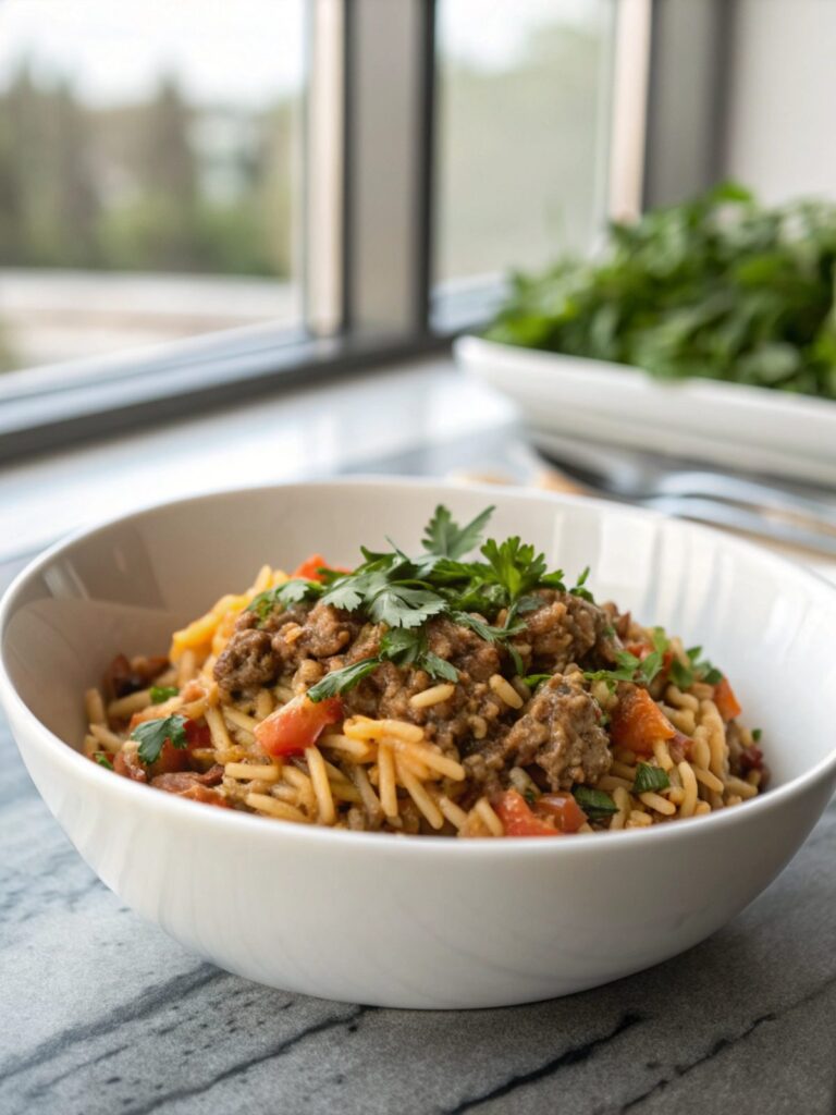 Close-up image of Delightful Ground Beef Orzo Recipe with fresh garnish.