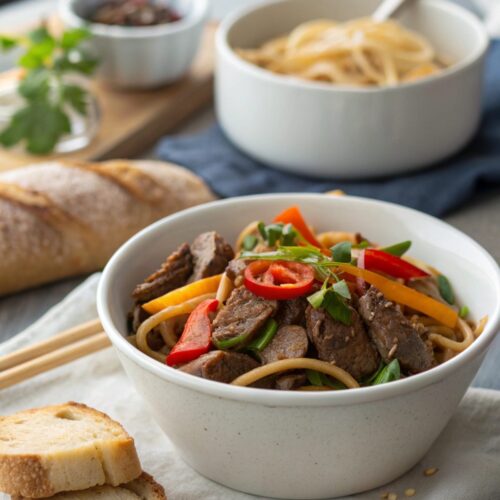 Close-up of delightful tenderloin stir fry recipe served in a bowl.