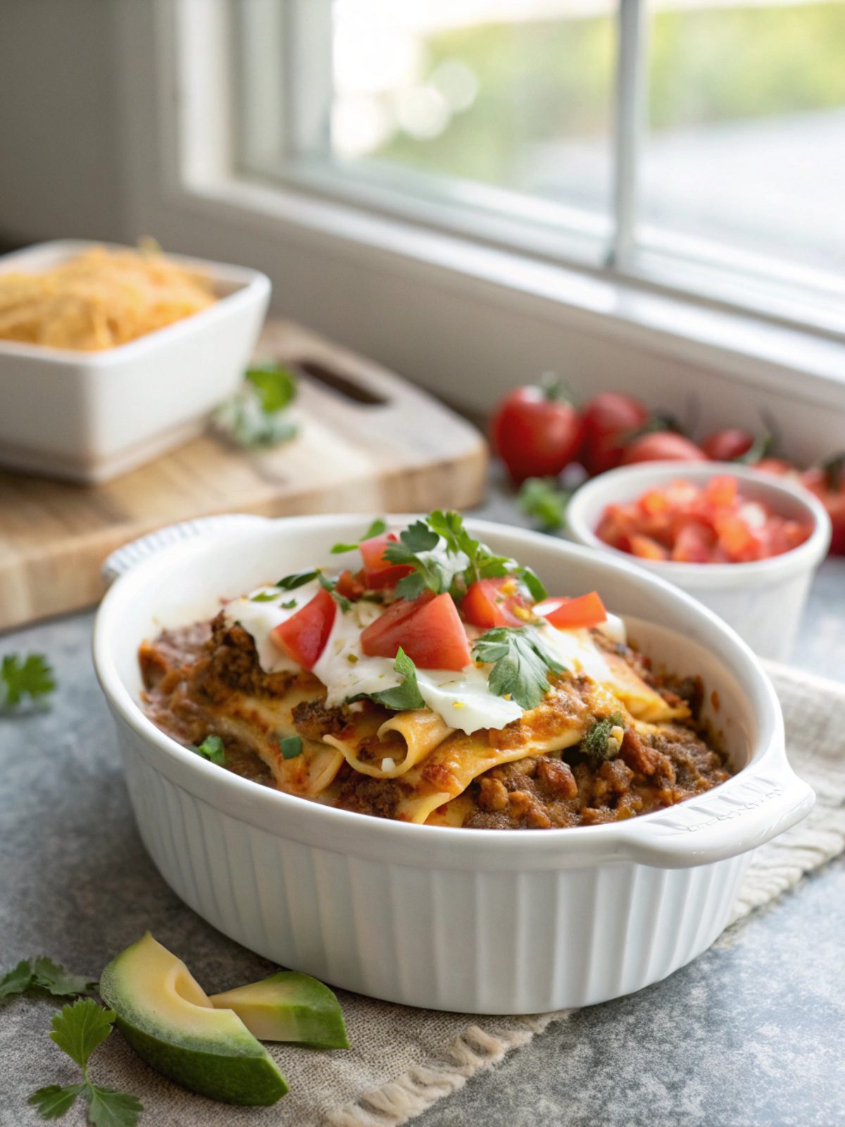 Featured image of a delicious and cheesy beef enchilada casserole