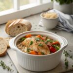 A beautifully plated dish of slow cooker chicken breast garnished with herbs