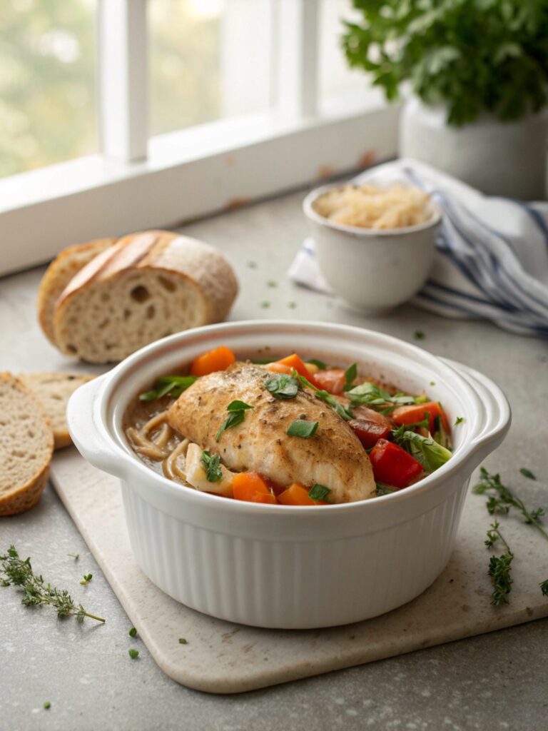 A beautifully plated dish of slow cooker chicken breast garnished with herbs