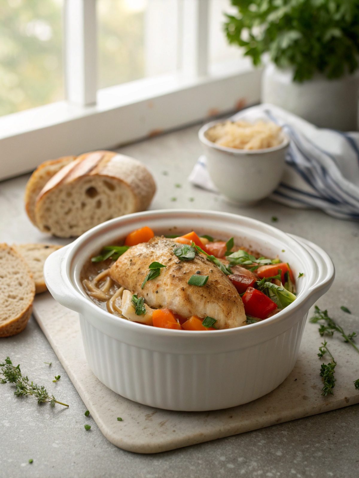 A beautifully plated dish of slow cooker chicken breast garnished with herbs
